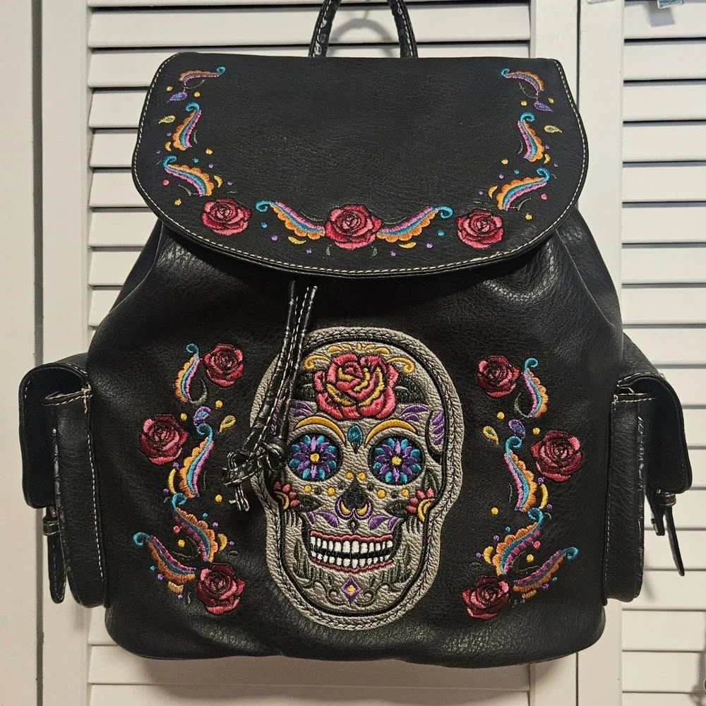Sugar Skull Embroidered Backpack and Matching Crossbody Wallet Set Black